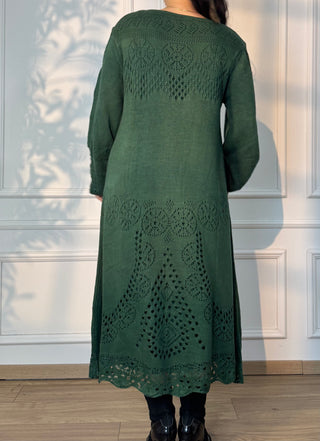 Rochie midi tricotată din amestec de lână, cu mâneci bufante