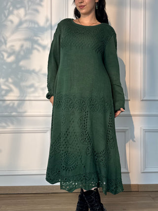 Rochie midi tricotată din amestec de lână, cu mâneci bufante