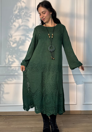 Rochie midi tricotată din amestec de lână, cu mâneci bufante