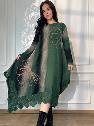Rochie din amestec de lână tricotată, cu ornament floral