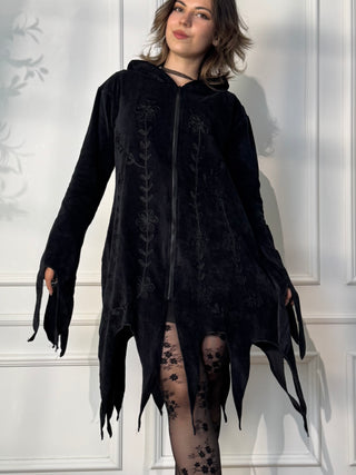 Long embroidered cardigan with cut hem