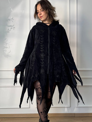 Long embroidered cardigan with cut hem