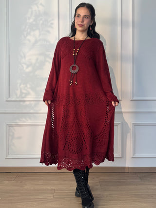 Rochie midi tricotată din amestec de lână, cu mâneci bufante