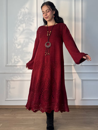 Rochie midi tricotată din amestec de lână, cu mâneci bufante